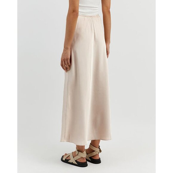 Women's Beige Drawstring Satin High Waist Silk A Line Flowy Long Maxi Skirt - Picture 4 of 6